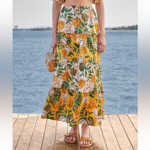 FARM Rio Biriba Yellow Tropical Fruit Tiered Maxi Skirt